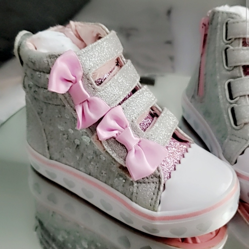Sparkly Gray and Pink Kids High-Top Sneakers